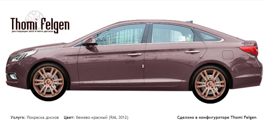 Hyundai Sonata 2015 покраска дисков A-Tech Schneider цвет бежево-красный (RAL 3012)
